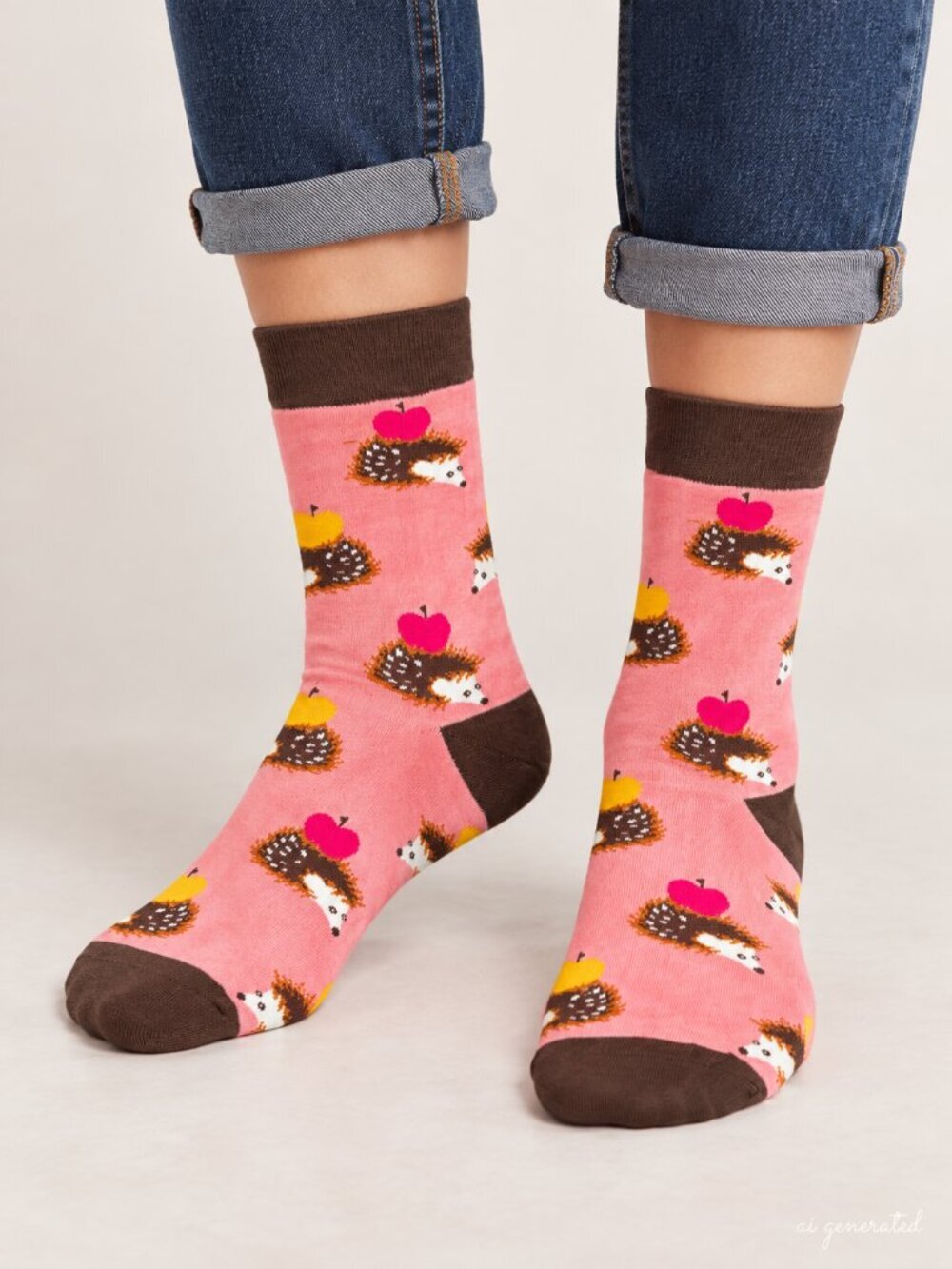 Hedgehog Apple Colorful Novelty Crew Socks Womens Pink and Brown